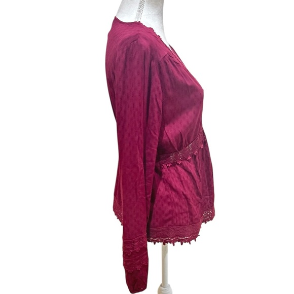 Takara v neck burgundy red blouse crochet trim balloon sleeve lightweight large - Picture 6 of 8